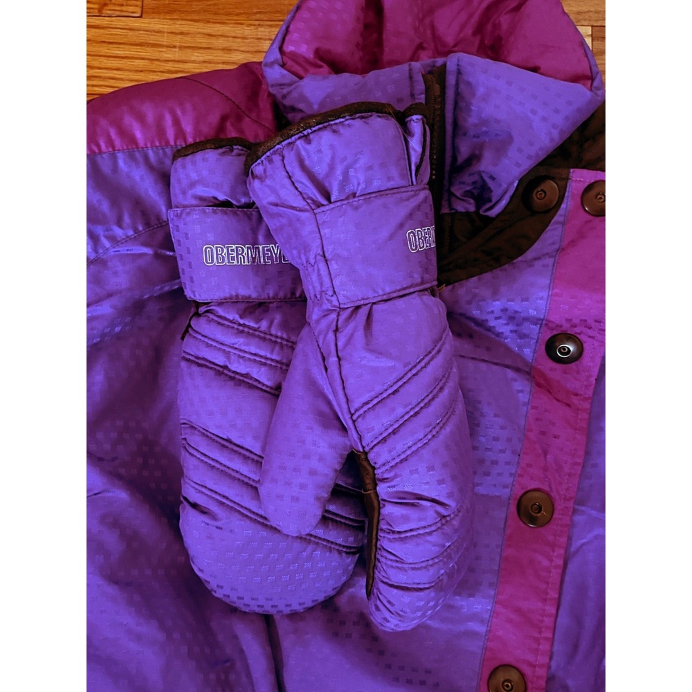 Vintage Obermeyer Brushstroke Purple Coverall Ski Snow Suit & M Mittens Women 8 - Picture 7 of 10